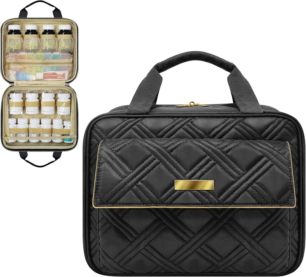 Bolsa grande de Medicina Quilted, Transportador, Caso, Organizador de Viajes para Medicamentos, Botellas de Píldora, Inodoros y Suministros Médicos con Bolsillos Fijo