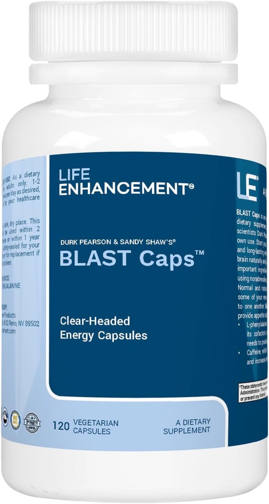 Life Enhancement Blast Caps, 60 Capsules - Energy and Focus Supplement - Nootropics Brain Support Supplement with B12, Niacin, Caffeine, Taurine, Phenylalanine, Vitamin C, &amp; More