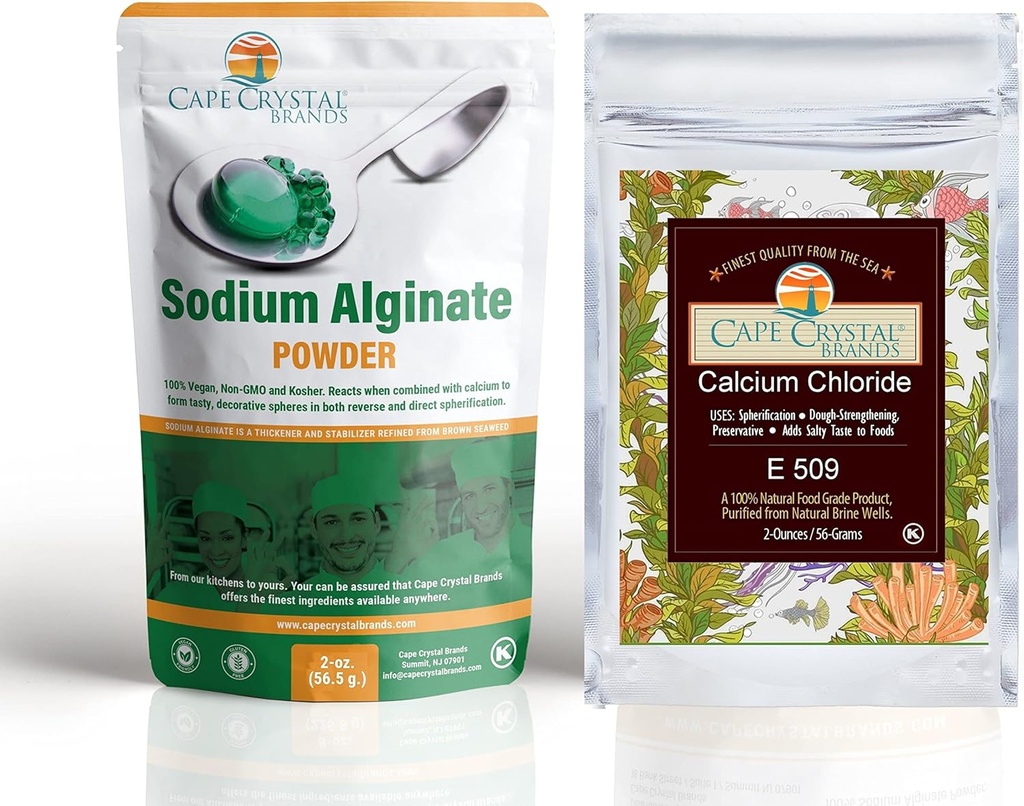 Cabo Cristal Sodium Alginate y Calcio Chloride – Spherification Value Kit - Práctica Gastronomía Molecular, 4-Oz.