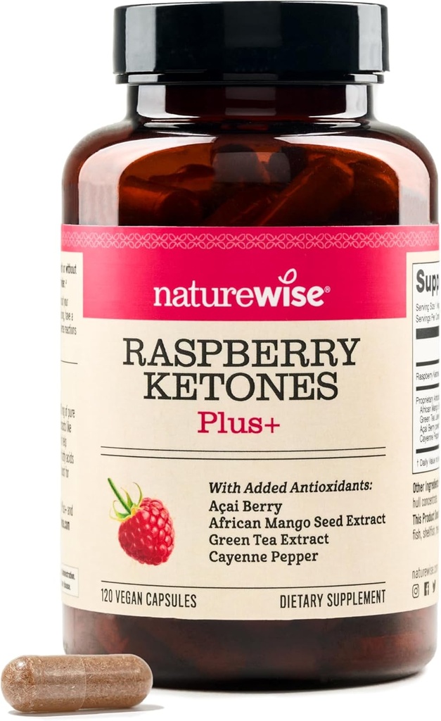 NatureWise Raspberry Ketones Plus - w/ Green Tea Extract, Cayenne Pepper, " Acai Berry - Supports Antioxidant Health, Energy Levels, Weight Goals - Vegan " Gluten-Free - 120 Capsules[120-Day Supply]