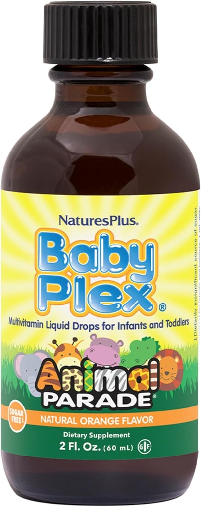 NaturesPlus Animal Parade Baby Plex, Natural Orange Flavor - 2 fl oz, Pack of 2 - Liquid Multivitamin for Infants &amp; Toddlers - Sugar Free, Gluten Free - 120 Total Servings