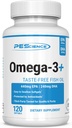 PEScience Omega-3+, 440mg EPA y 240mg DHA suplemento de aceite de pescado, fácil de absorber tamaño pequeño Softgel, sin sabor, 60 piezas