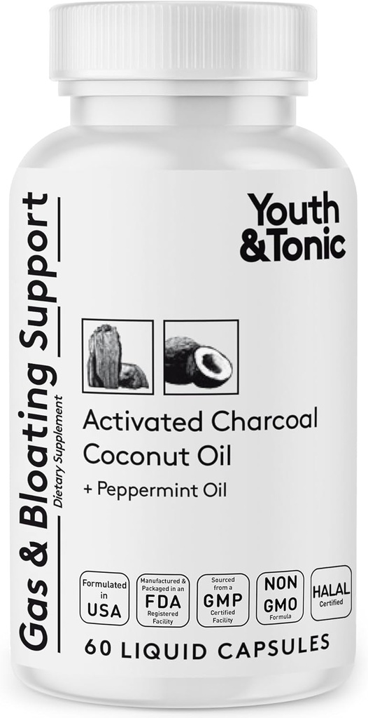 Píldoras de carbón activadas para la limpieza y el gas para calmar la desintoxicación del sistema estomacal y digestivo con aceite de coco orgánico de menta, para hombres y mujeres - 60 cápsulas líquidos