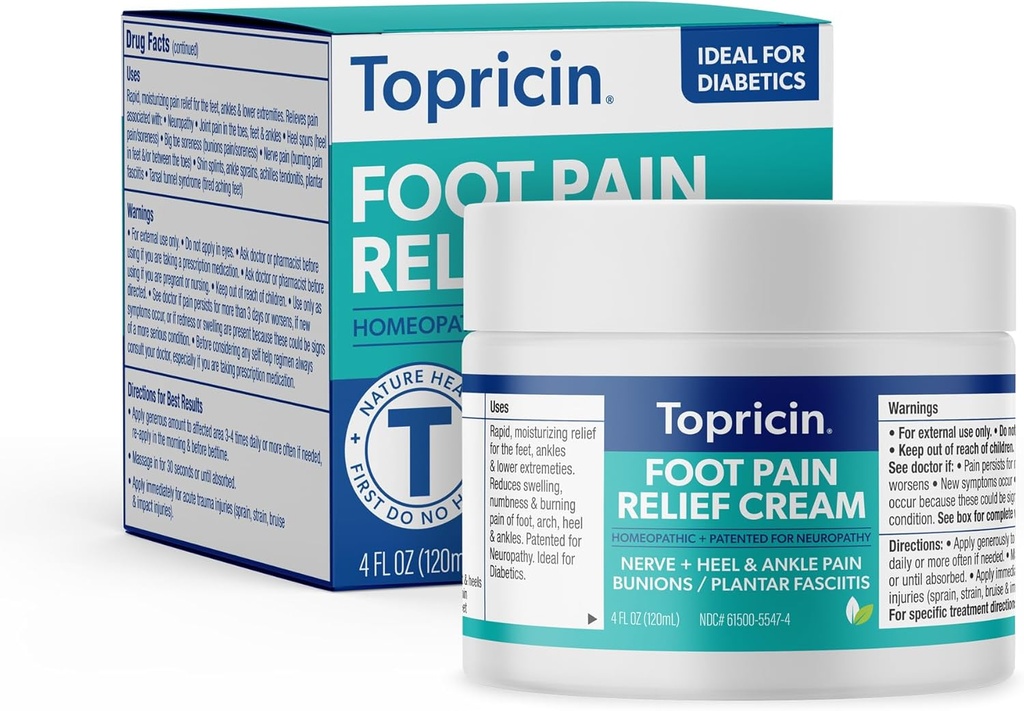 Crema de alivio del dolor de pie de Topricin - Crema hidratante natural y sin olor, 4 onzas - Jar