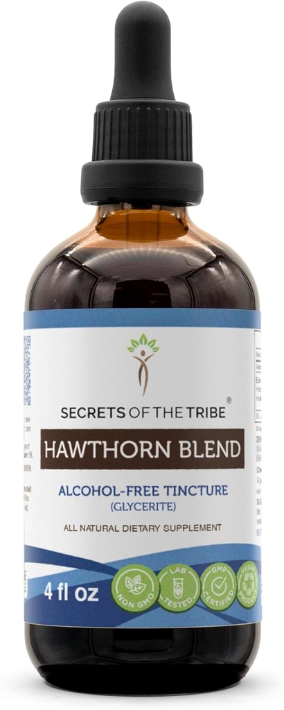 Secretos del Tribe Hawthorn Blend Tincture Extracto libre de alcohol, Hawthorn (Crataegus spp.) Hoja seca, Flor, Berry 4 oz
