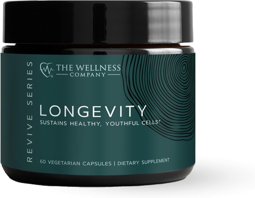 The Wellness Company Longevity – Mitochondria Efficiency, DNA Repair, Cellular Senescense - NR, Lipsomal Glutathione, Resveratrol, Bifidobacterium 15B CFU tención 60ct (1 Month Supply)