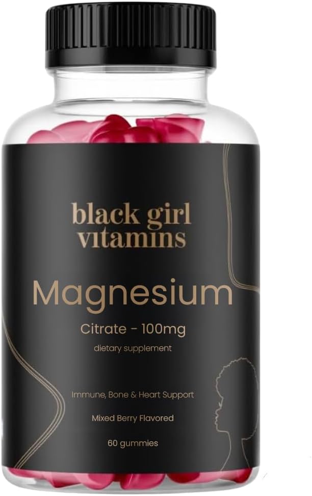 Black Girl Vitamins - Magnesium Gummies, for Sleep, Immunity, and Bone Support. Magnesium Citrate Supplement with (100mg) per Serving, Gluten-Free (Mixed Berry). 60ct