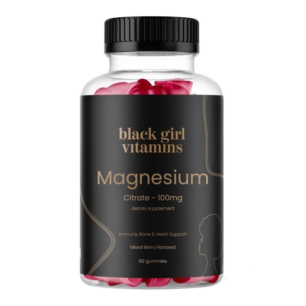 Black Girl Vitamins - Magnesium Gummies, for Sleep, Immunity, and Bone Support. Suplemento de Citrato de Magnesio con (100mg) por Serving, Libre de gluten (Berry mixto). 60ct