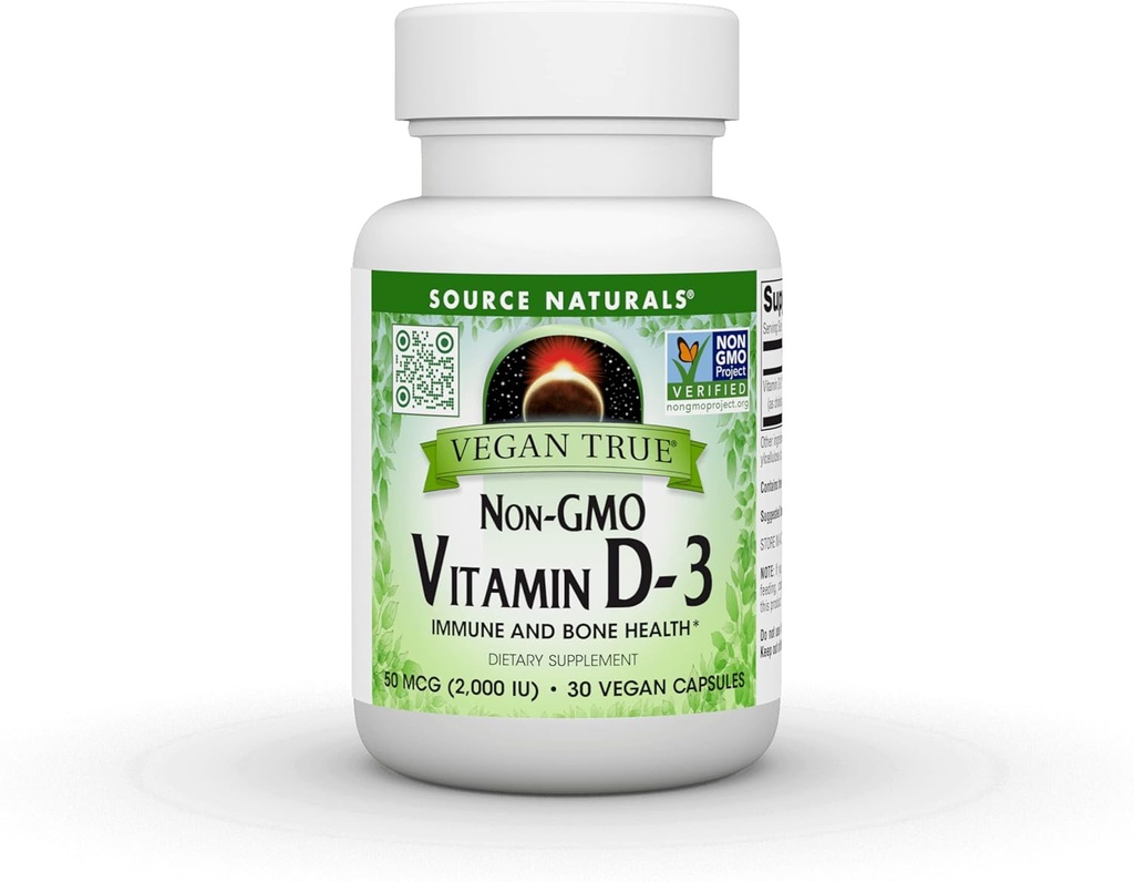 Fuente Naturales Vegan True, No GMO Vitamina D-3, Suplemento dietético para la salud de los inmunes y los huesos*, 2.000 UI - 30 cápsulas