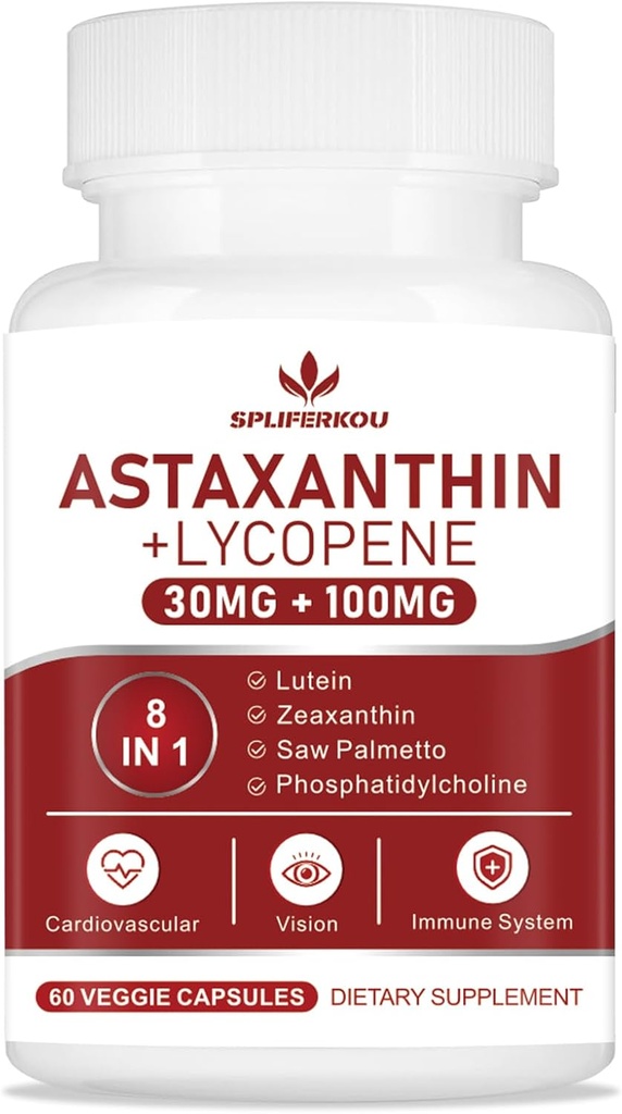 Astaxanthin y Lycopene 70mg, suplemento de Astaxanthin con fosfatidilcolina, luteína y Zeaxantina, potentes antioxidantes Suplemento Apoyo para la piel, el ojo y la salud conjunta (60 cápsulas)