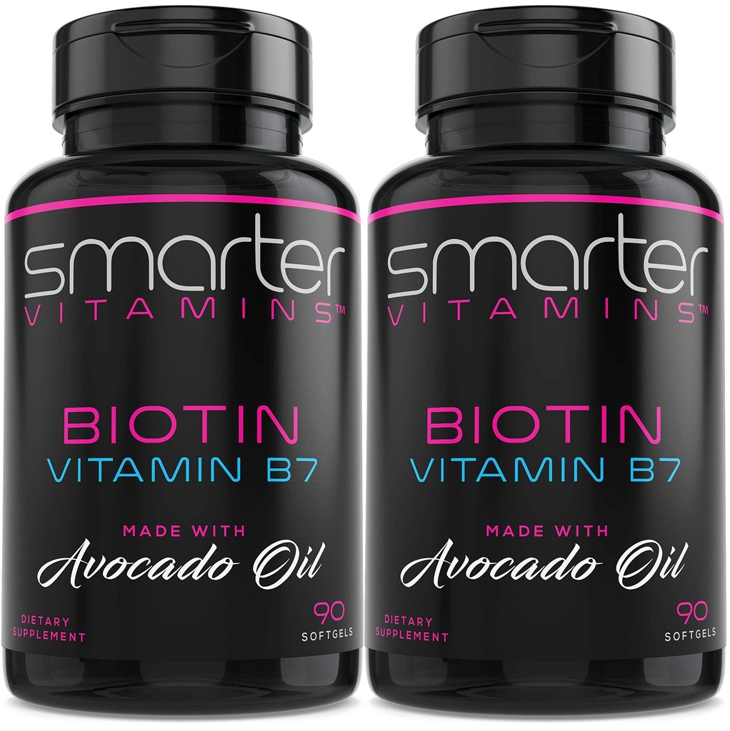 (2 Pack) Smarter Biotin 5000mcg in Avocado Oil, Vitamin B7, Non-GMO, 90 Mini Liquid Softgels, No Soy