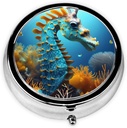 Pill Box, Small Pill Case for Purse & Pocket, Cute Medicine Organizer Travel Pillbox, Portable Pill Container Holder to Hold Vitamins, Medication, Fish Oil and Supplements,Blue Seahorse
