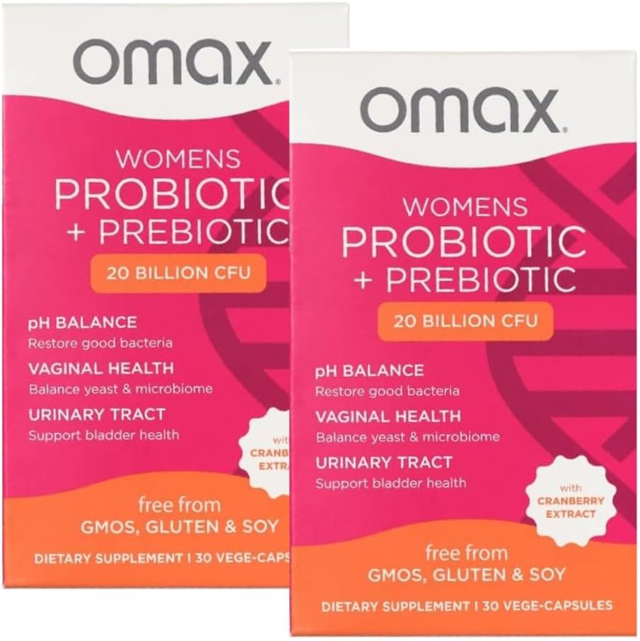 2 Pack Omax Prebiotics &amp; Probiotics Complex for Women, pH Balance, Vaginal Health, Urinary Tract, Yeast, UTI/BV Prevention, Bloating pH 20 Billion CFU ← Vegan, Organic, Gluten Free, 60 Vege-Capsules