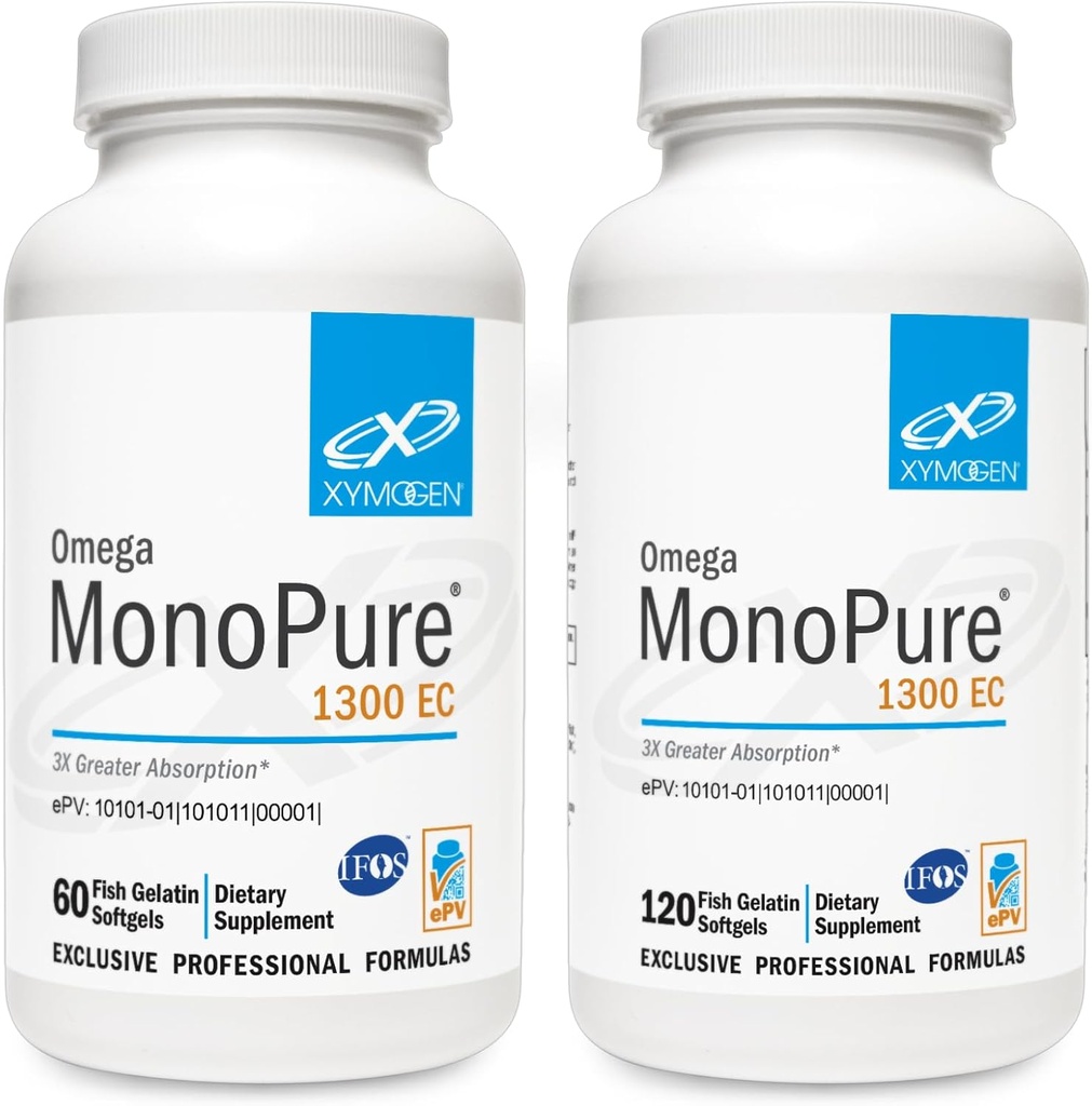 XYMOGEN Omega MonoPure 1300EC Bundle - 60 Softgels + 120 Softgels - Fish Oil with 3X Greater Absorption - DHA EPA Omega 3 Supplement for Heart Health + Cognitive Support