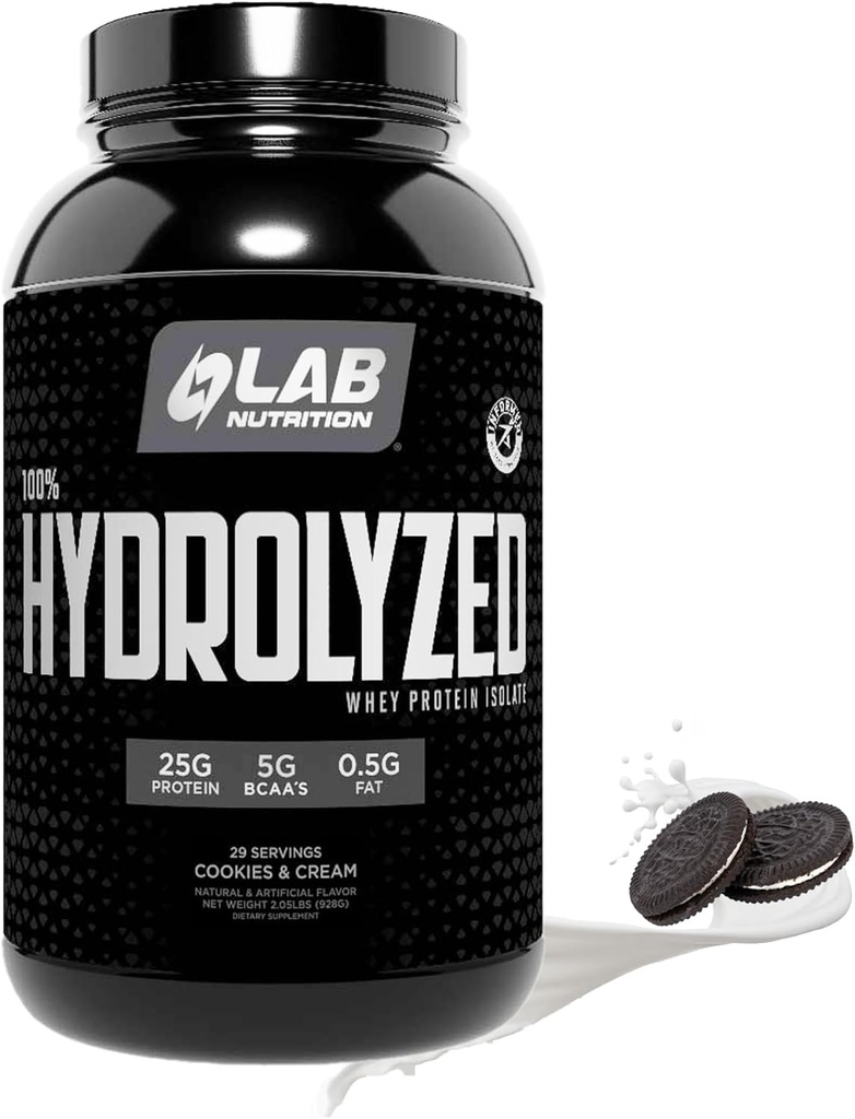 100% Hidrolyzed Whey Protein Isolate (2 libras, cookies y sabor de crema) 25gr de Proteína, Construir músculo, Crecimiento del músculo magro, Digestión fácil, Gluten Gratis, Lactose Gratis, Absorbing rápido.