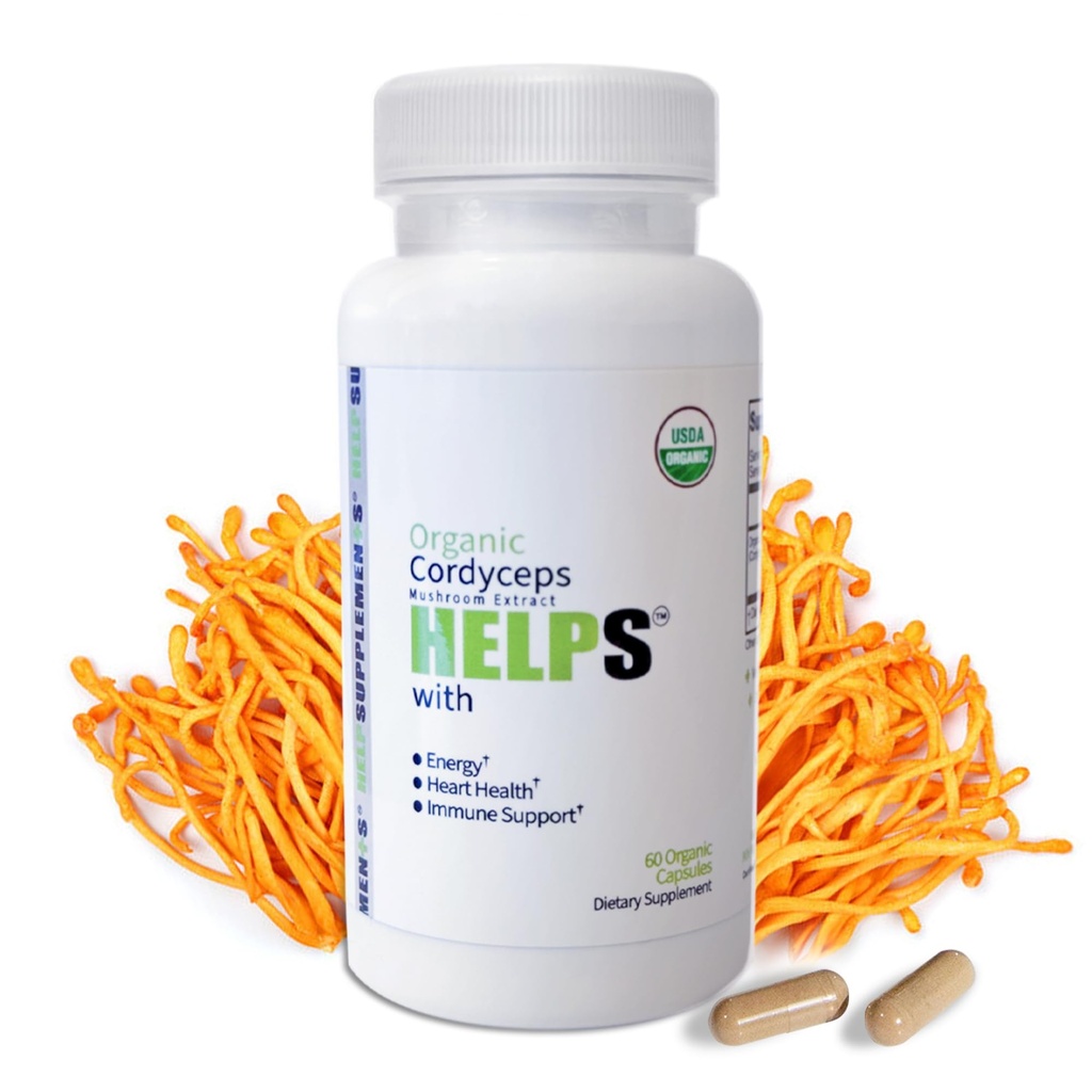 Cordyceps orgánicos Mushroom Capsules Suplemento - 1000mg Cordyceps Militaris Extract - 100% Natural, Real &amp; Pure - Beta-Glucan - Herbal Support for Energy-Boosting & Immune Health - 60 cápsulas