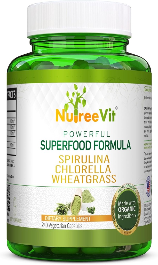 NutreeVit Puro 100% Espirulina orgánica + Clorella + Wheatgrass - Potente Superfood - Veggie Capsules  durable 500mg