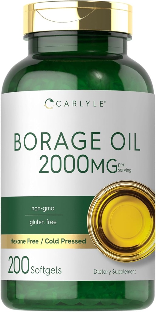 Carlyle Borage Oil Supplement | 2000mg | 200 Softgel Capsules | 320mg of GLA | Cold Pressed & Hexane Free | Non-GMO & Gluten Free
