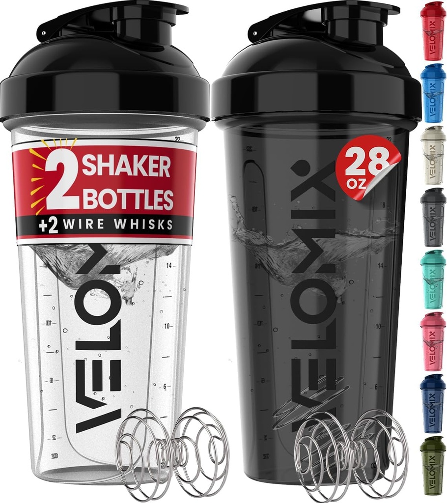 VELOMIX -2 Pack- 28 oz Protein Shaker Botellas para Protein Mixes - 2x Wire Whisk ← Leak Proof Shaker Cups for Protein Shakes ← Protein Shaker Bottle Pack (Black/Transparent)