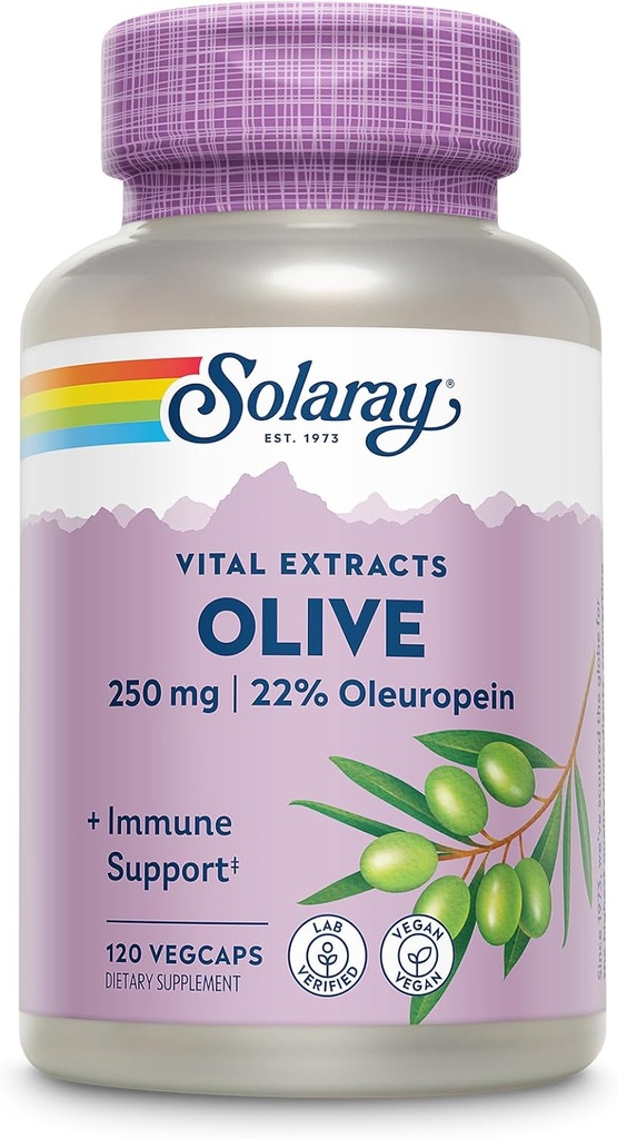 SOLARAY Olive 250mg - Extracto de hoja de oliva cápsulas con 22% Oleuropein, Plus Lemon Balm - Polyphenols Suplemento para Wellness Support - Vegan, 60-Day Guarantee, Lab Verified - 120 Servimientos, 120 VegCaps