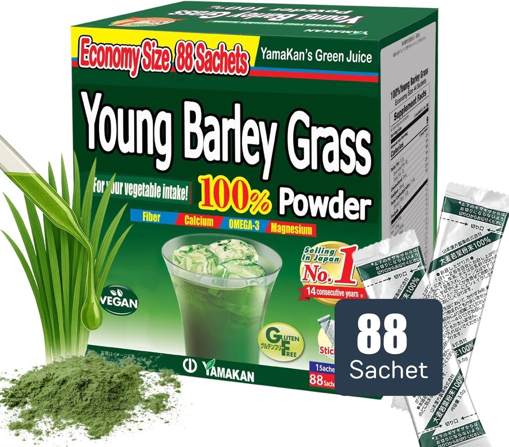 YAMAKAN Young Barley Grass Powder, Greens Superfood Powder Rich in Nutrients, Minerals, Vitaminas " Plant-Based Protein for Women " Hombres, Barley Grass de Japón, Non GMO 88 Conde