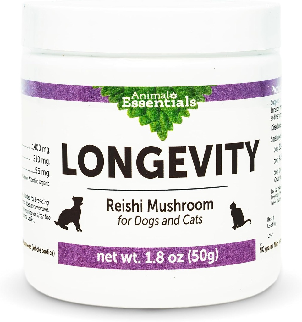 Animal Essentials LONGEVITY Reishi Mushroom Suplemento para perros ' Cats - Función cardiovascular saludable " Liver, soporta salud a largo plazo, extracto de polvo de setas, antioxidante - 1.8 Oz (Pack of 1)
