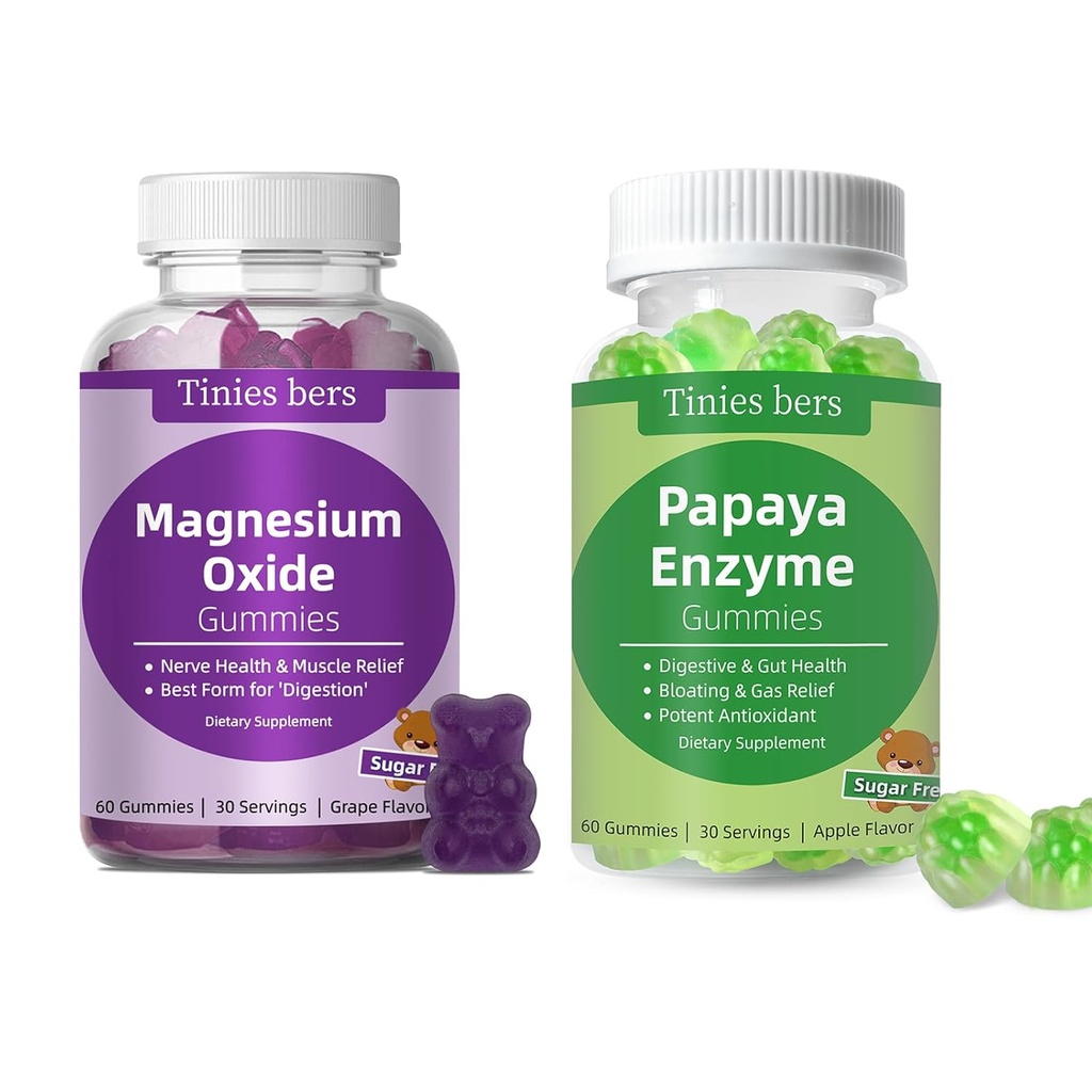 Tinies bers Papaya Enzyme Gummies and Magnesium Oxide Gummies, Digestive Health for Adults &amp; Kids, Vegan, Sugar Free, Non-GMO, Pectin