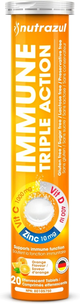 nutrazul Immune Triple Action Effervescent Tablet -1000 mg Vitamina C, Vitamina D, Zinc I Orange 20's I Gluten Free, Sugar Free, Lactose Free &amp; Preservative Free I Maintains Immune Function