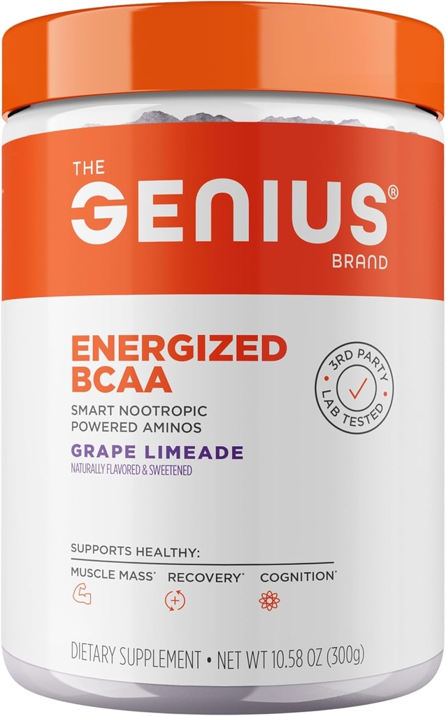 Genius BCAA Powder - 5g Vegan BCAAs L-Glutamina, Cognizin & Rhodiola Muscle Recovery Energy Support 100mg Caffeine Pre, Intra, Post-Workout Nootropic Supplement for Focus & Performance - Grape Limeade