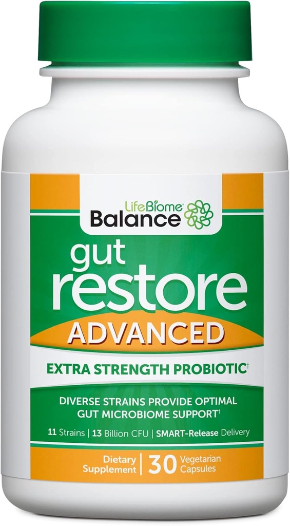 Drew Sinatra’s LifeBiome Gut Restore Advanced, Maximum Strength Microbiome Probiotic with Fermented Botanicals, 11 Multi Strains, 30 Once-Daily Capsules, Vegetarian, Soy-, Dairy-, y Gluten Free