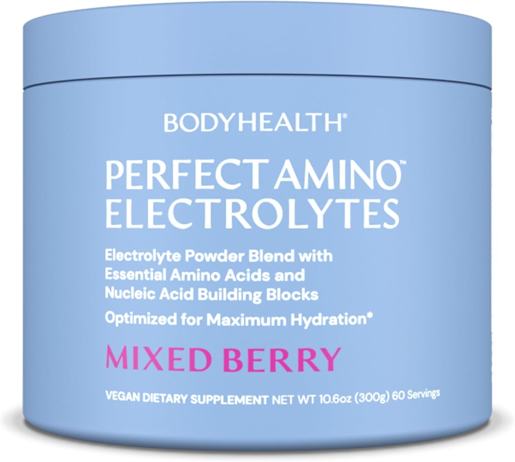 BodyHealth PerfectAmino Electrolytes Polvo No Azúcar, Keto Sugar Electrolitos de ayuno gratis Bebida Mix, Hidratación Polvo con Minerales Trace - Berry mixto - 60 Servimientos