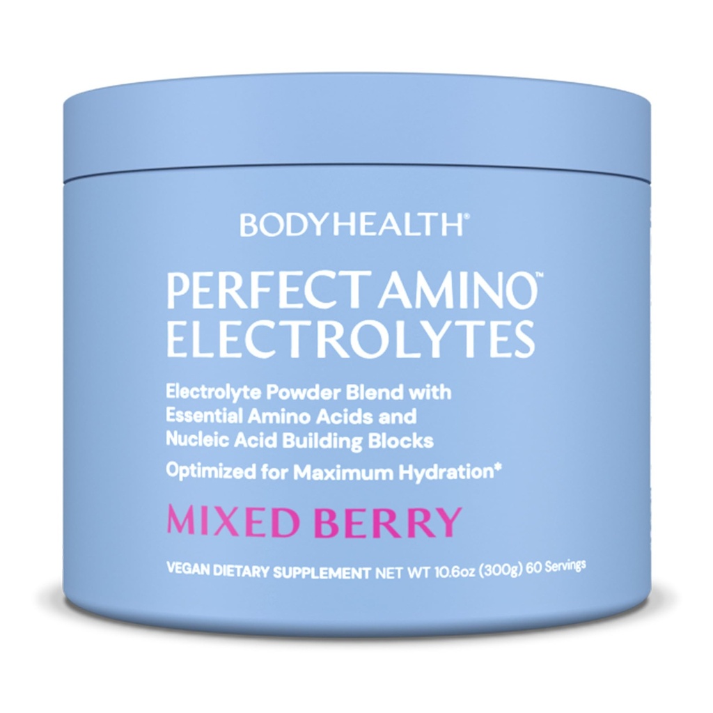 BodyHealth PerfectAmino Electrolytes Powder No Sugar, Keto Sugar Free Fasting Electrolytes Drink Mix, Hydration Powder with Trace Minerals - Mixed Berry - 60 Servings