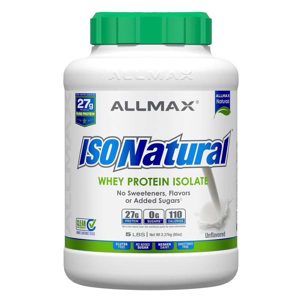 ALLMAX ISONATURAL Whey Protein Isolate, Unflavored - 5 lb - 27 Gramos de Protein Por Scoop - Zero Fat & Sugar - 99% Lactose Gratis - con Prebióticos - Sin Sabores Artificiales - Aprox. 78 Servimientos