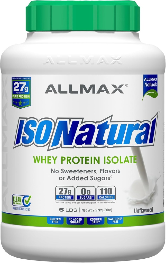 ALLMAX ISONATURAL Whey Protein Isolate, Unflavored - 5 lb - 27 Gramos de Protein Por Scoop - Zero Fat & Sugar - 99% Lactose Gratis - con Prebióticos - Sin Sabores Artificiales - Aprox. 78 Servimientos