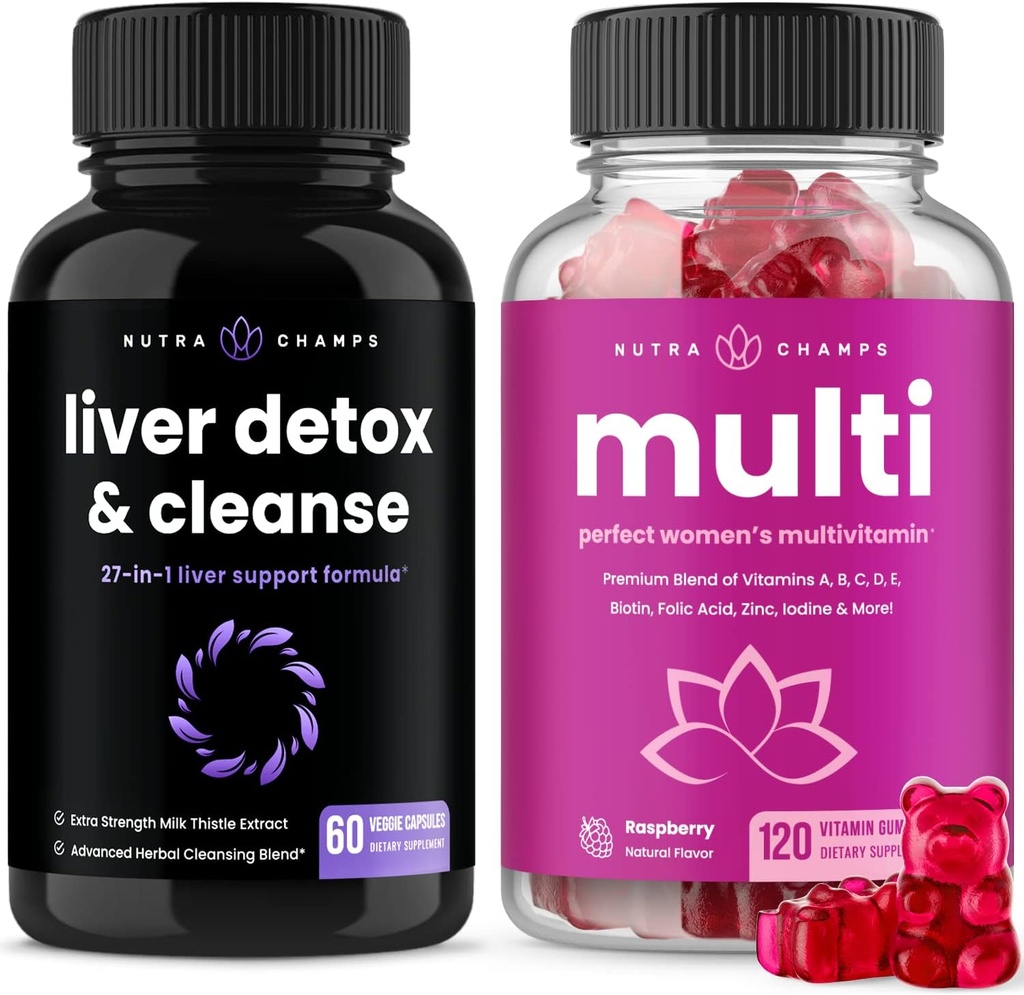 NutraChamps Liver Cleanse Detox Capsules and (2-Pack) Mujeres Multivitamin Gummies Bundle