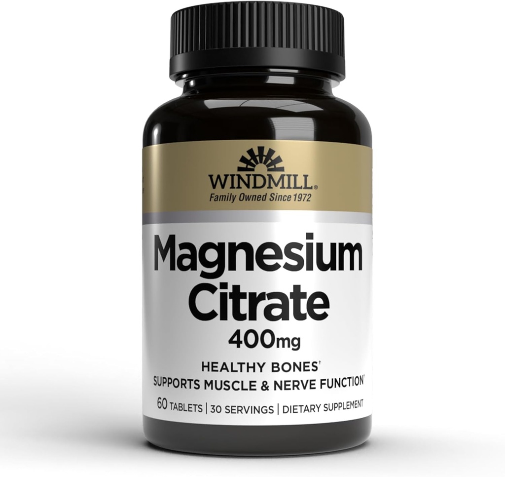 Molino de viento Vitaminas Naturales Citrato de magnesio 400 mg, Apoyo Inmunitario, Apoyos Corazón Saludable, 60 Cuenta, 30 Actuaciones