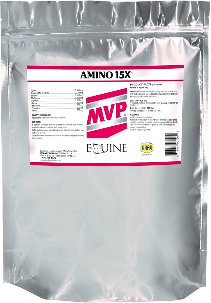 MVP Amino 15X (1.5lb) apoya la función del músculo saludable, desarrollo y recuperación en caballos.