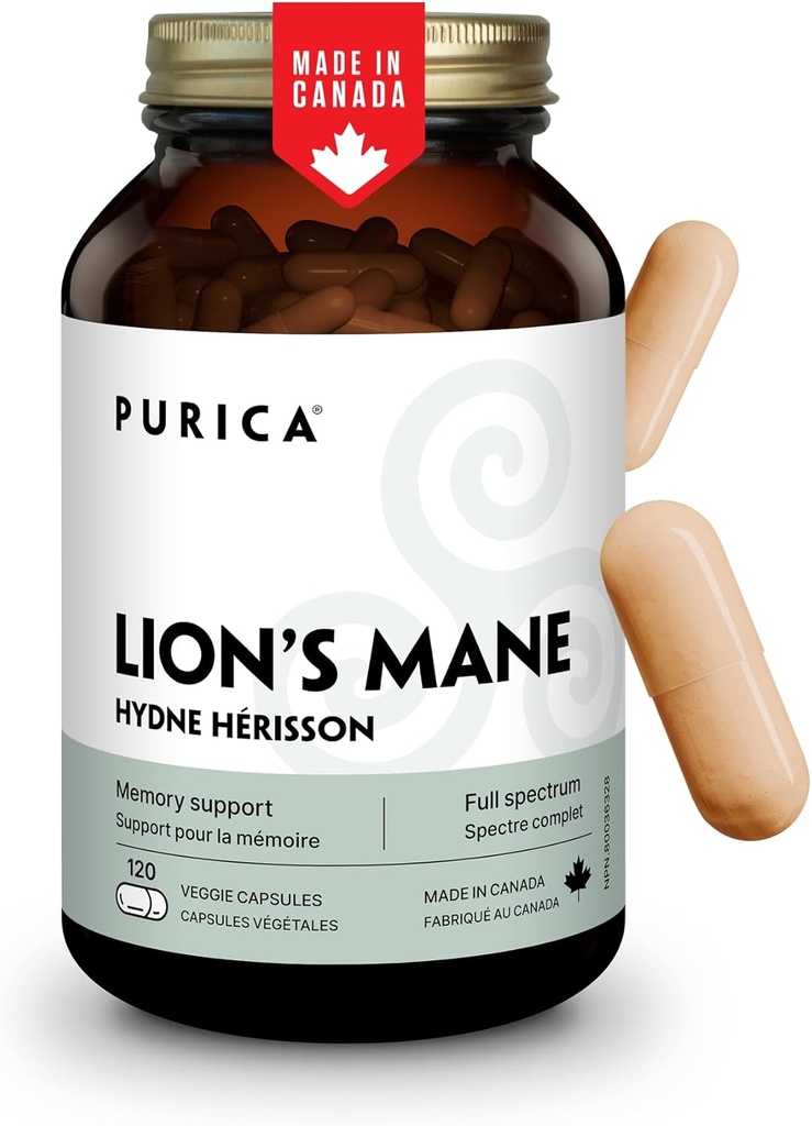 PURICA - Setas micronizadas Mane de León, 120 cápsulas veganas de 60 días de suministro - promueve la salud cognitiva - no GMO y libre de gluten - Focus and Memory Support - Brain Health y mejora la digestión