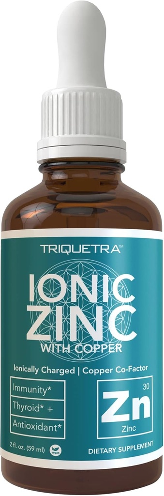 Ionic Zinc Plus Copper Concentrado líquido 240 Serviciones, Botella de vidrio, Vegan - Relación equilibrada de cobre zinc - Soporta inmunidad, tiroides cerebrales (2 oz.)