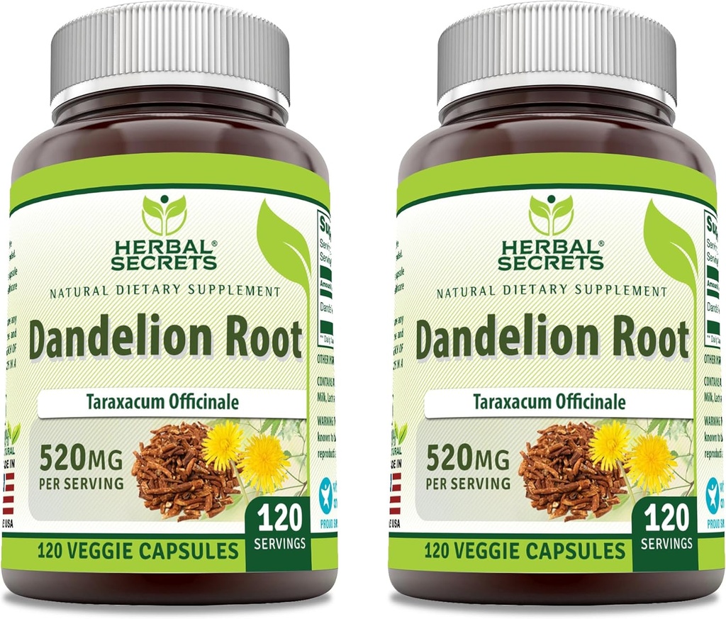 Herbal Secrets Dandelion Root 520 mg Veggie Capsules Suplemento Silencio Non-GMO Silencio Gluten Gratis Silencio Hecho en EE.UU. (120 Conde Silencio 2 Pack)