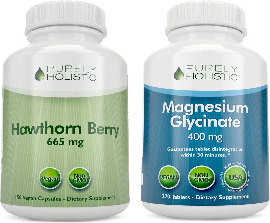 Puramente Holistic Hawthorn Berry 665mg + Magnesium Glycinate 400mg + 150 Capsules & 270 Tablets - Vegan Bundle - Made in The USA