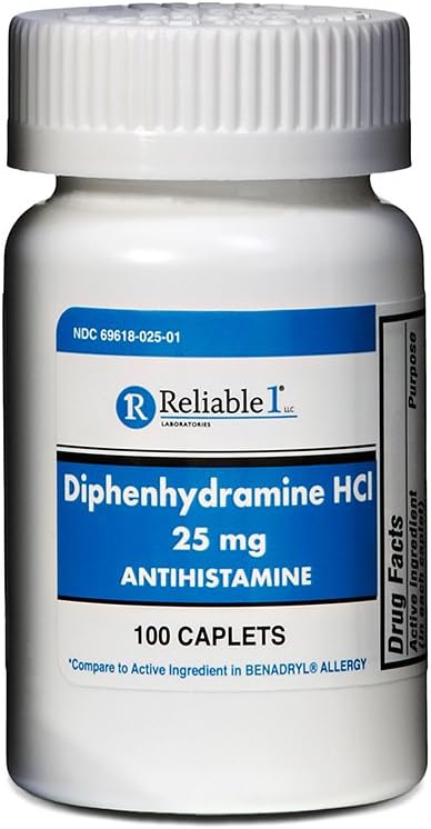 Fiable 1 Diphenhydramine HCI 25mg Antihistamine 100 Caplets (1 Botella)