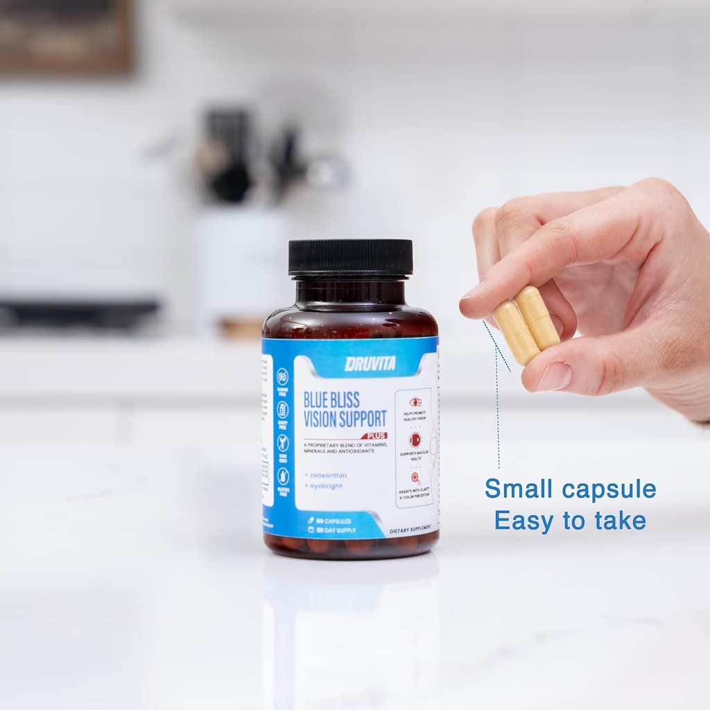 Blue Bliss Vision Support - Vitaminas Oculares con Lutein, Biotin, Bilberry y Zeaxanthin - Suplemento Vitamina para Visión Salud y Preservación para Adultos Seniors 60 Veggie Capsules 30 Day Supply
