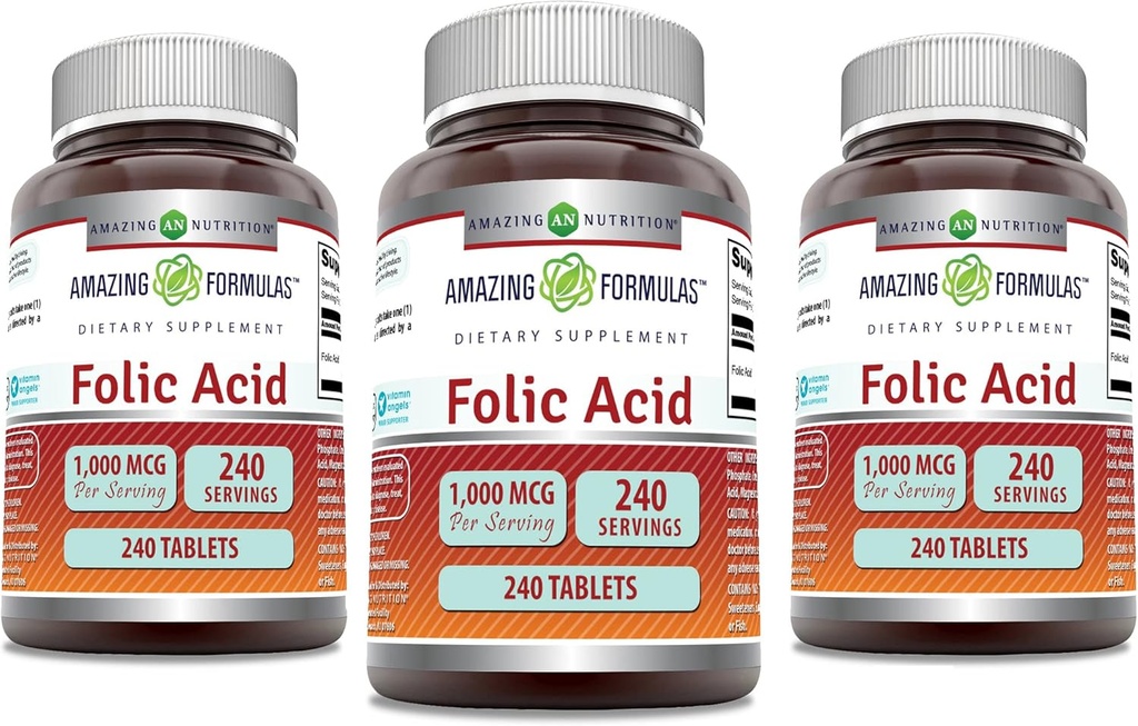 Fórmulas increíbles Ácido fólico 1000 mcg (1 mg) Tablas Suplemento TENIDO Vitamina B9 Silencio No-OMG TENIDO Gluten Free TEN Made in USA (240 Conteo ANTE 3 Pack)