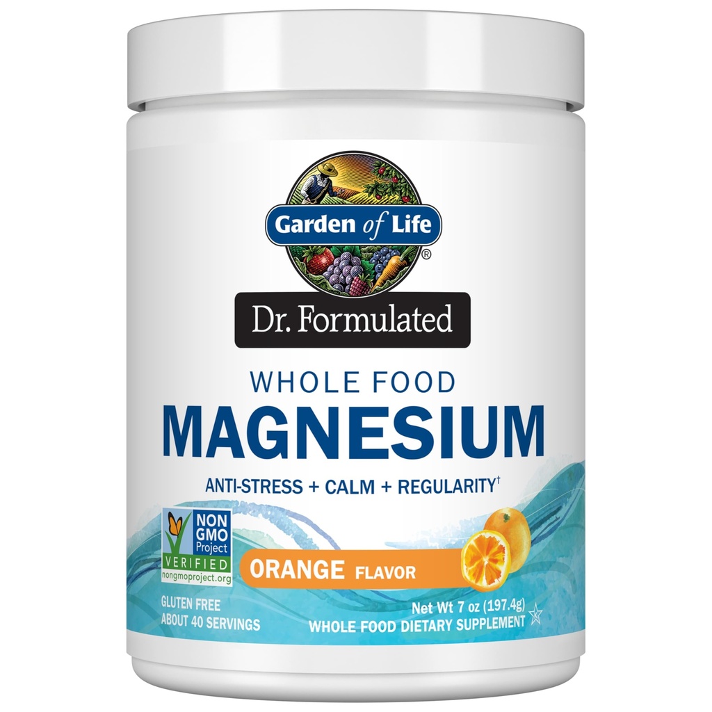 Jardín de la vida Dr. Fórmulada Magnesio Alimentario completo 197.4g Polvo - Naranja, Chelated, No GMO, Vegan, Kosher, Gluten &amp; Sugar Suplemento libre con Probióticos - Mejor para Anti-Estres, Calma & Regularidad