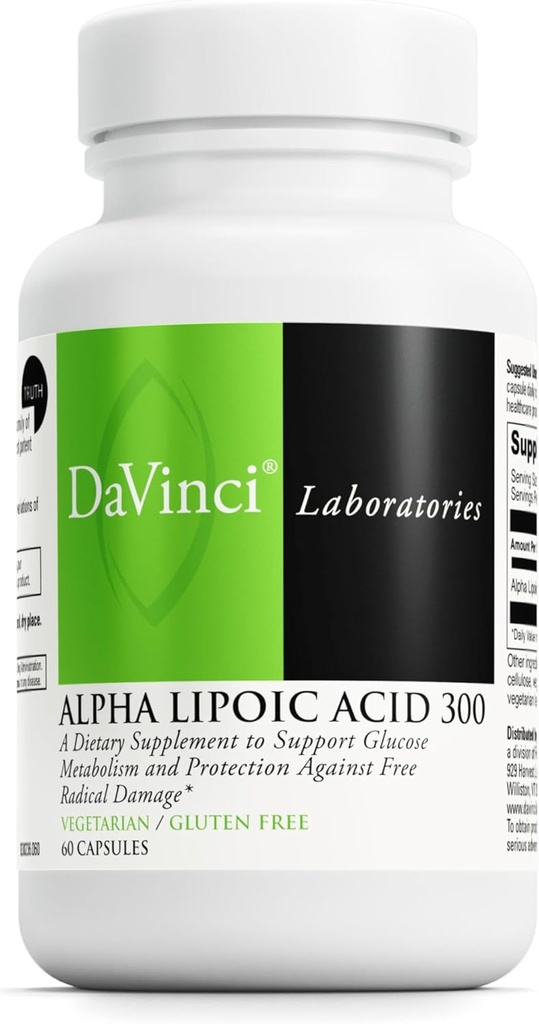 DAVINCI Laboratorios Ácido Lipoico alfa 300 - Suplemento dietético de apoyo Metabolismo y niveles saludables de colágeno - con 300 mg Ácido Lipoico alfa por cápsula - Sin gluten - 60 cápsulas vegetarianas