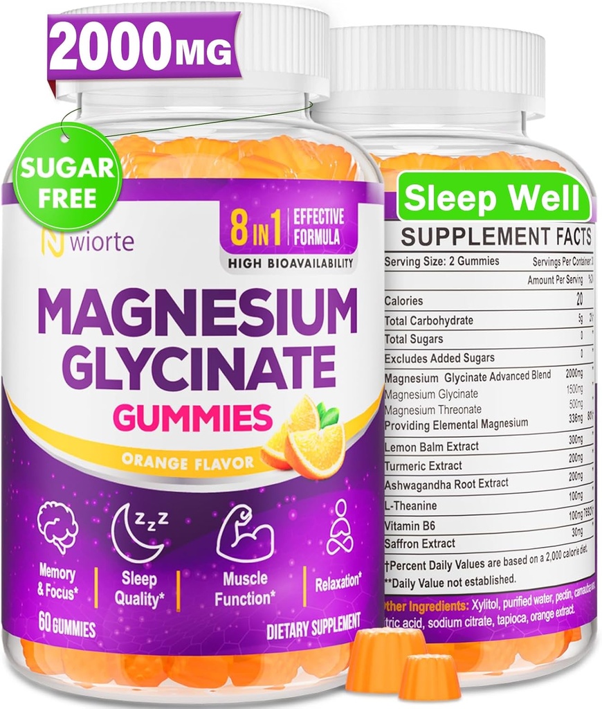 Magnesium Glycinate Gummies Suplemento para Adultos Mujeres, Magnesium Gummies con L-Threonate, Ashwagandha, Vitamina B6- Durmiente, Relajación, Calma, Energía, Vegan, Sugar Gratis, 60 Condes