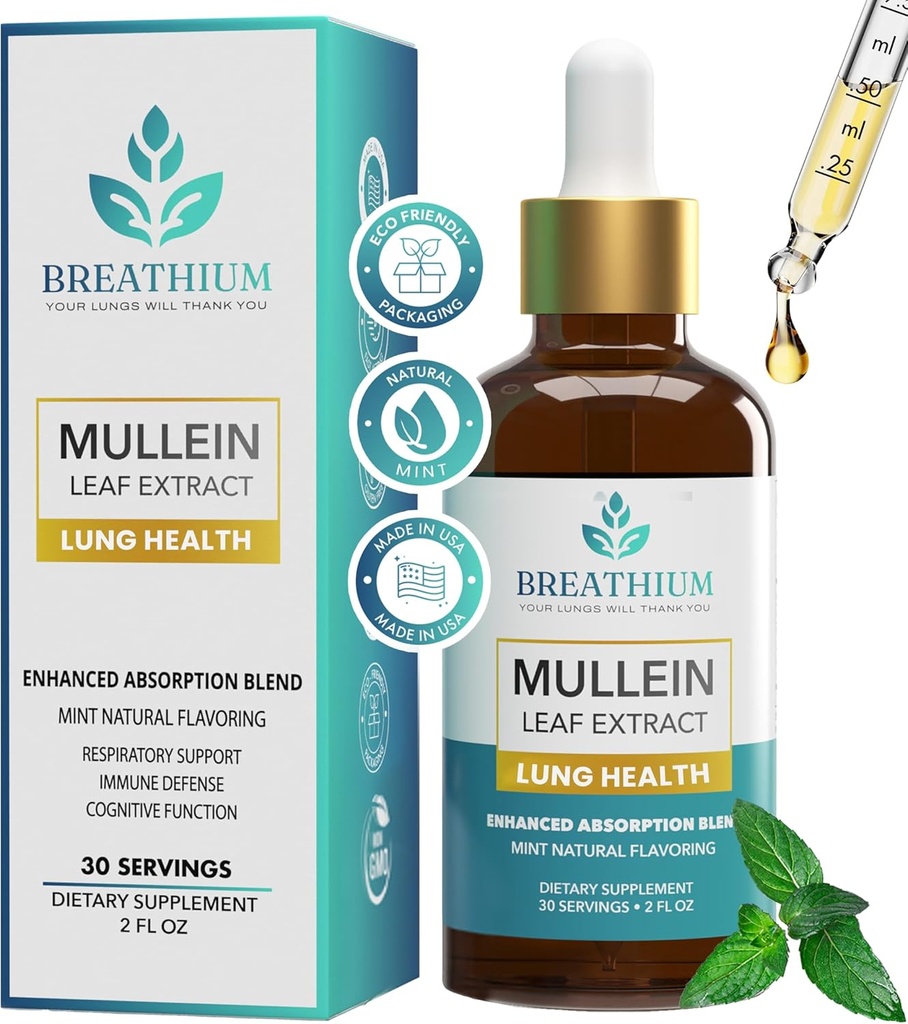 4-in-1 Mullein Drops for Lungs & Gut Health – Liposomal Mullein Leaf Extract, Sunflower Lecithin " Choline for Immune, Digestive, Allergy & Mucus Relief – Made in USA – 2oz Peppermint
