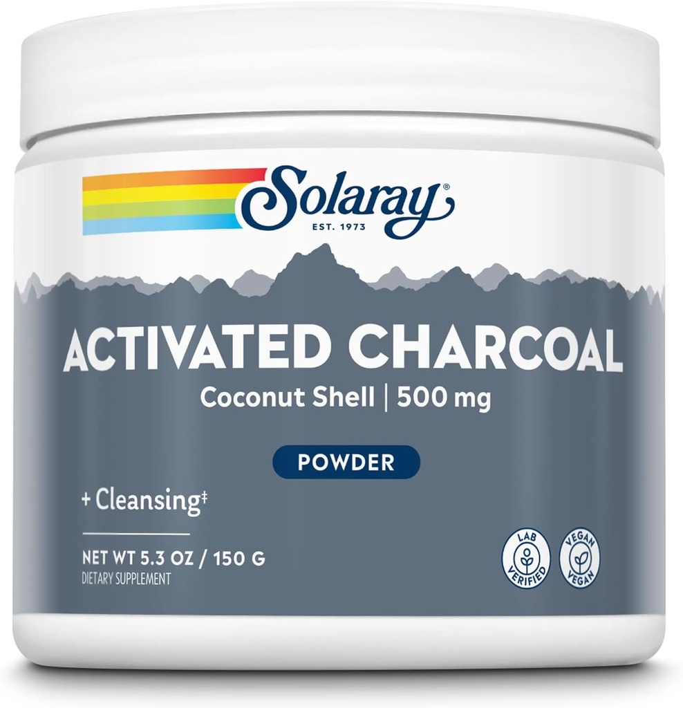 Solaray Activado carbón de coco Pólvora 500 mg Silencioso Limpieza interna saludable > Apoyo a la trampa digestiva