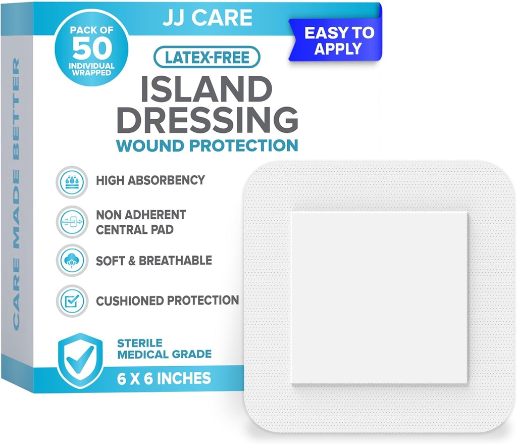 JJ CARE Adhesive Island Dressing [Pack of 50], 6x6 Sterile Bordered Gauze Dressing, Breathable Island Wound Dressing Individualmente Wrapped with Highly Absorbent Non-Stick Center Pad